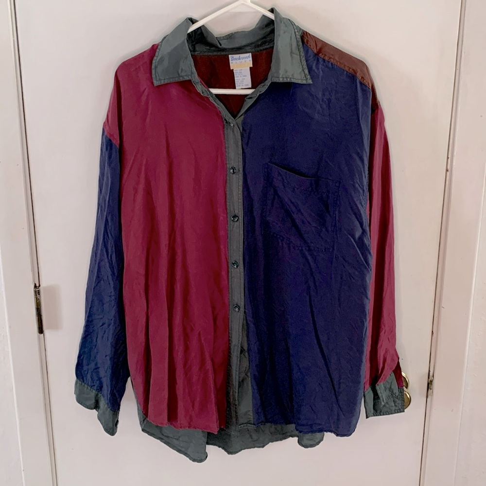 Vintage Backroad Blues colorblock silk blouse in wine, green, blue and brown